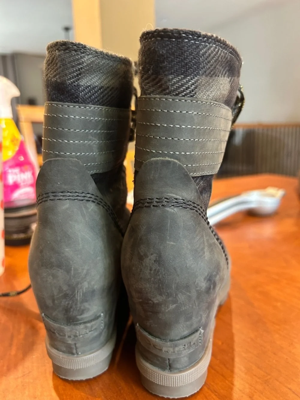 Sorel army green plaid Lexie wedges ankle boots